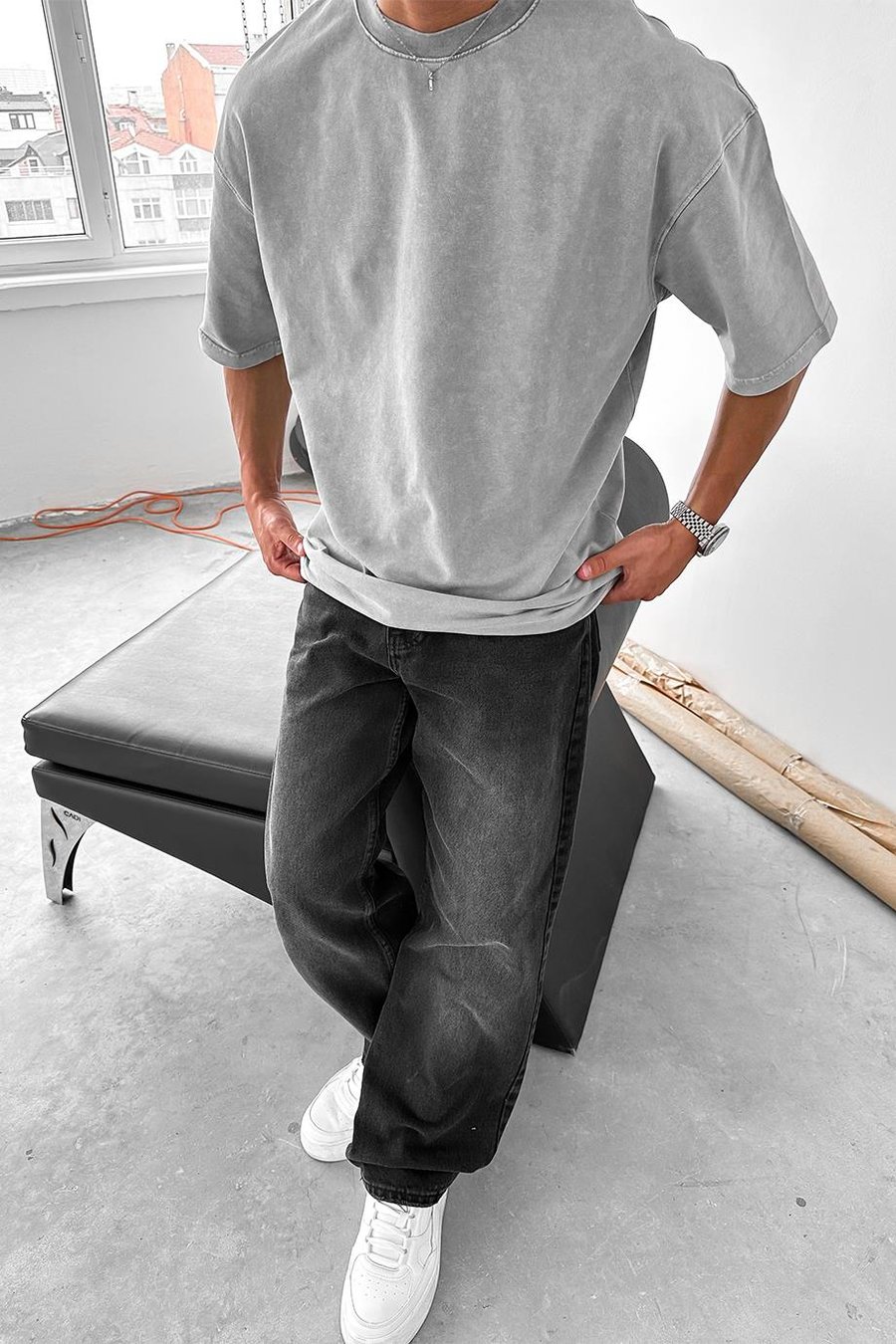 Açık Gri Acid Wash Basic DL Oversize Tişört