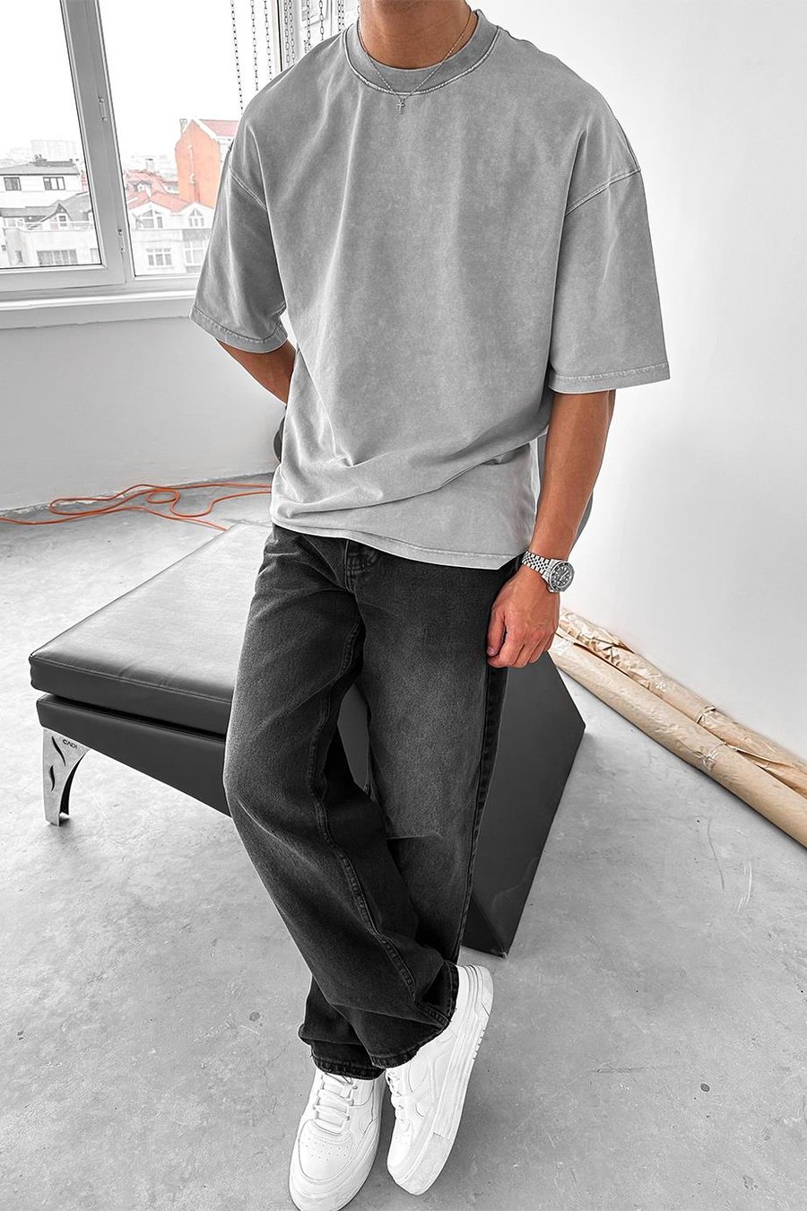 Açık Gri Acid Wash Basic DL Oversize Tişört