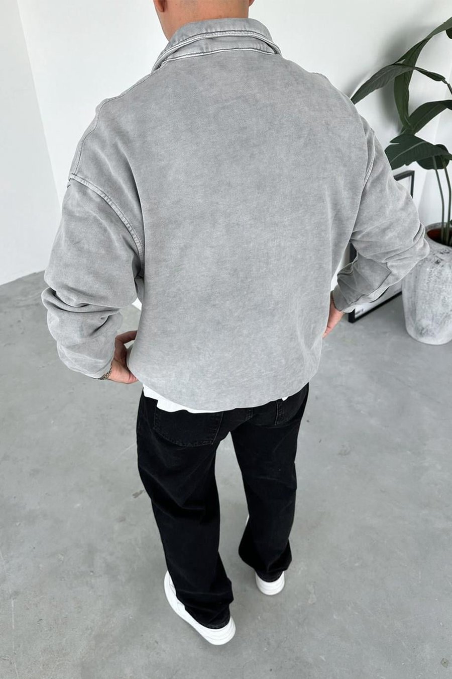 Açık Gri Acid Wash Yarım Fermuar Oversize Sweatshirt