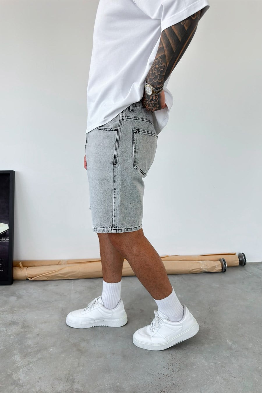Açık Gri Basic Baggy Kot Şort