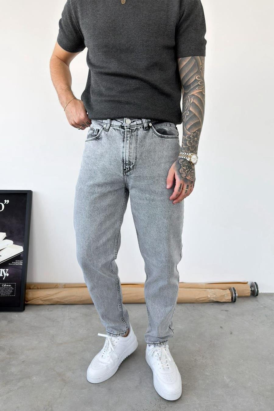 Açık Gri Basic Boyfriend Pantolon