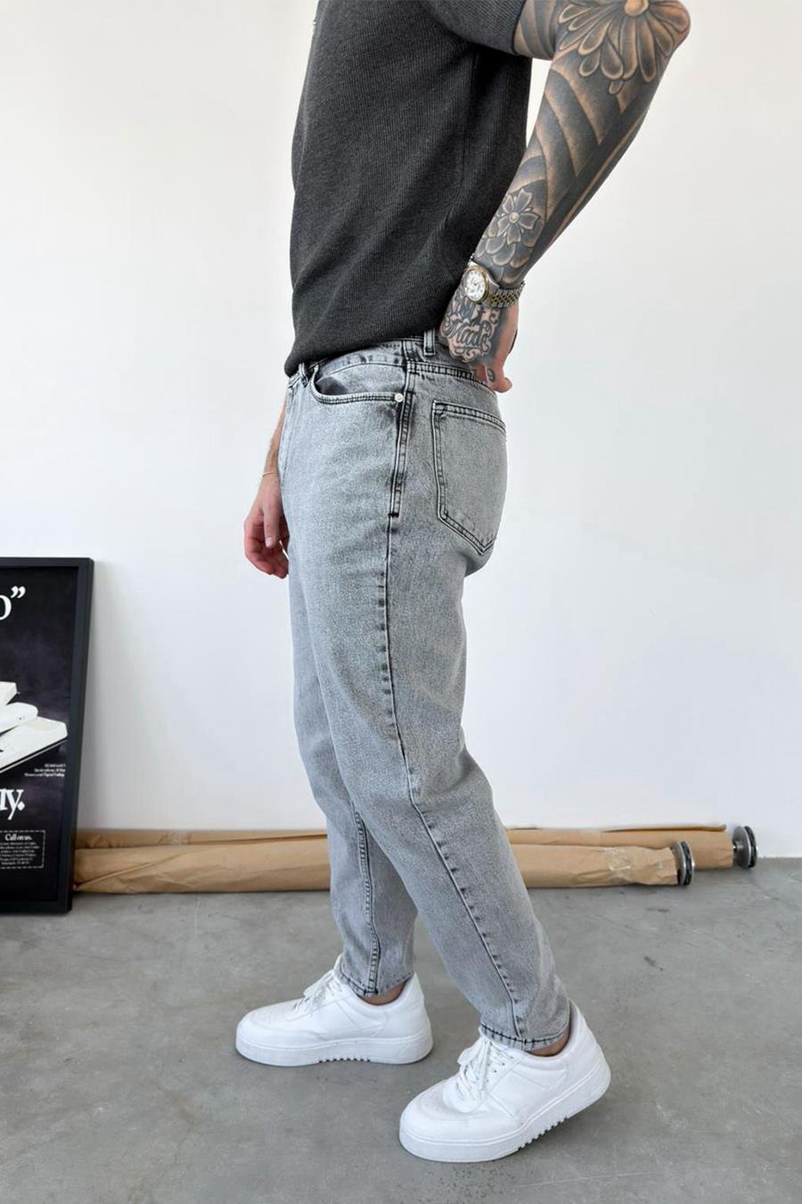 Açık Gri Basic Boyfriend Pantolon