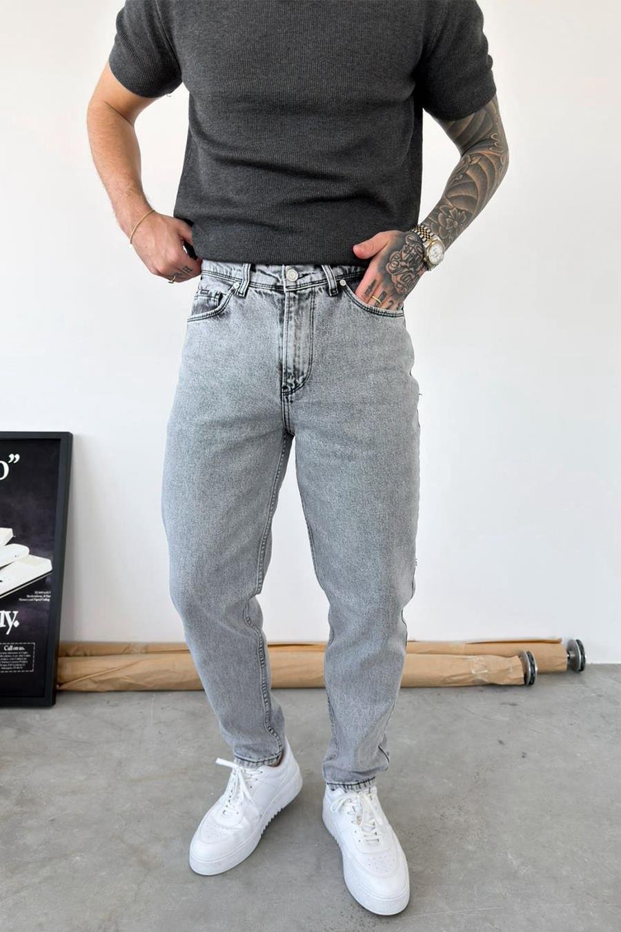 Açık Gri Basic Boyfriend Pantolon