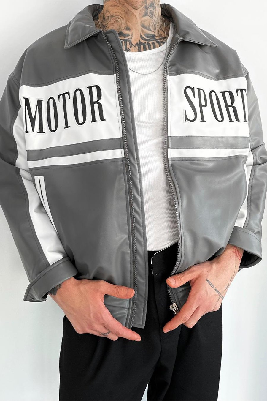 Açık Gri Motorsport Bomber Yarışçı Ceket