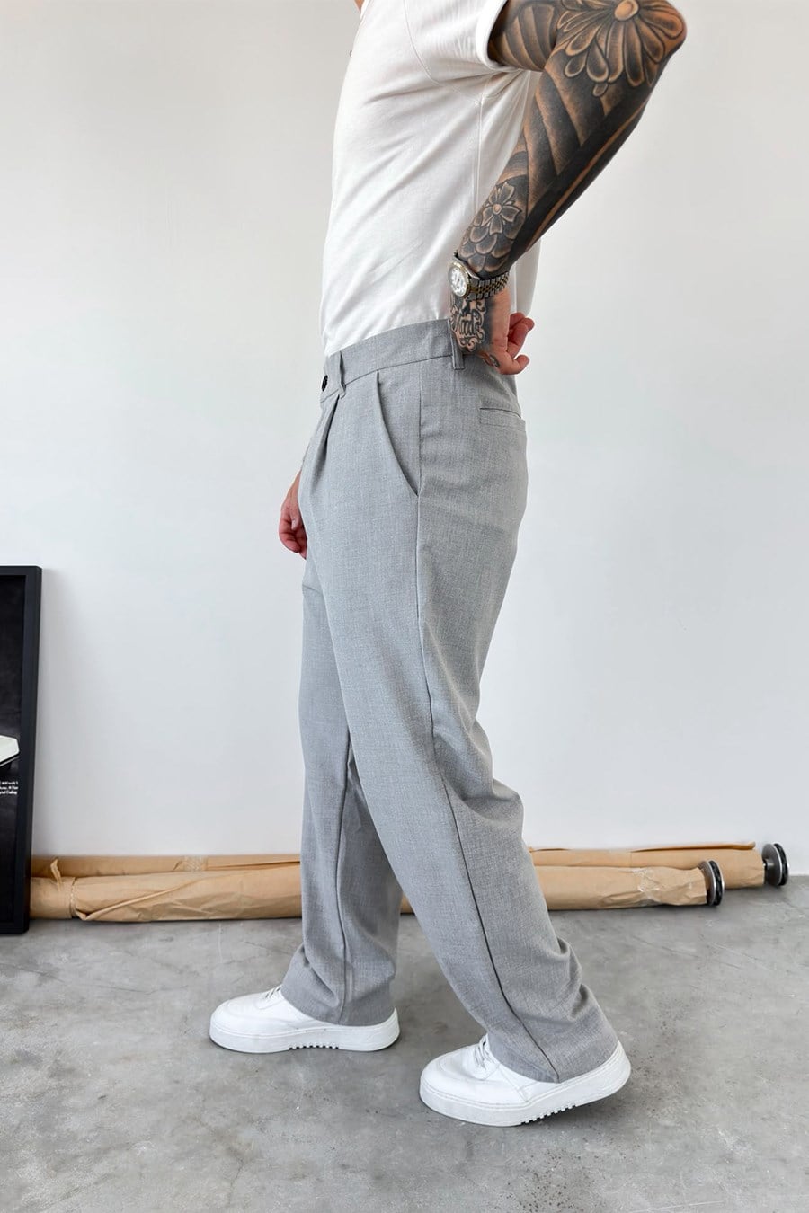 Açık Gri Pileli Baggy Fit Kumaş Pantolon