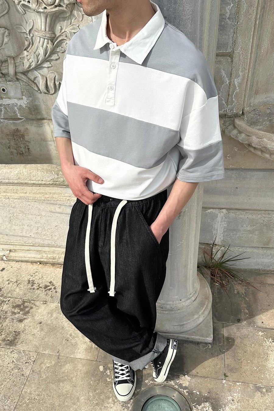 Açık Gri Polo Yaka  Çizgili EE Oversize Tişört