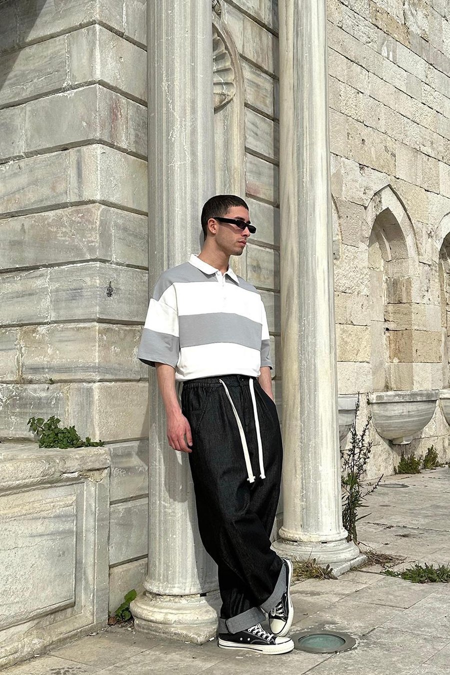Açık Gri Polo Yaka  Çizgili EE Oversize Tişört