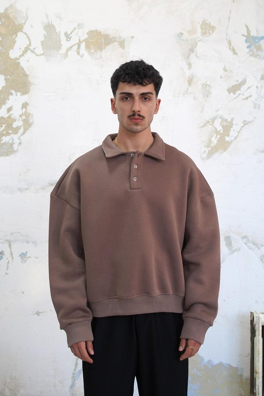 Açık Kahve Cozy Basic Oversize Polo Yaka Sweatshirt