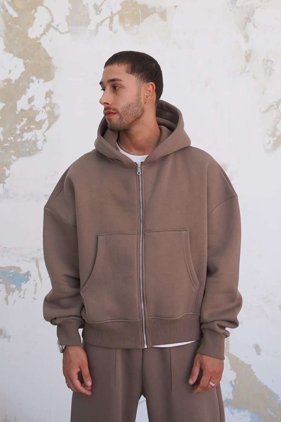 Açık Kahve Cozy Basic Tam Fermuar Oversize Sweatshirt