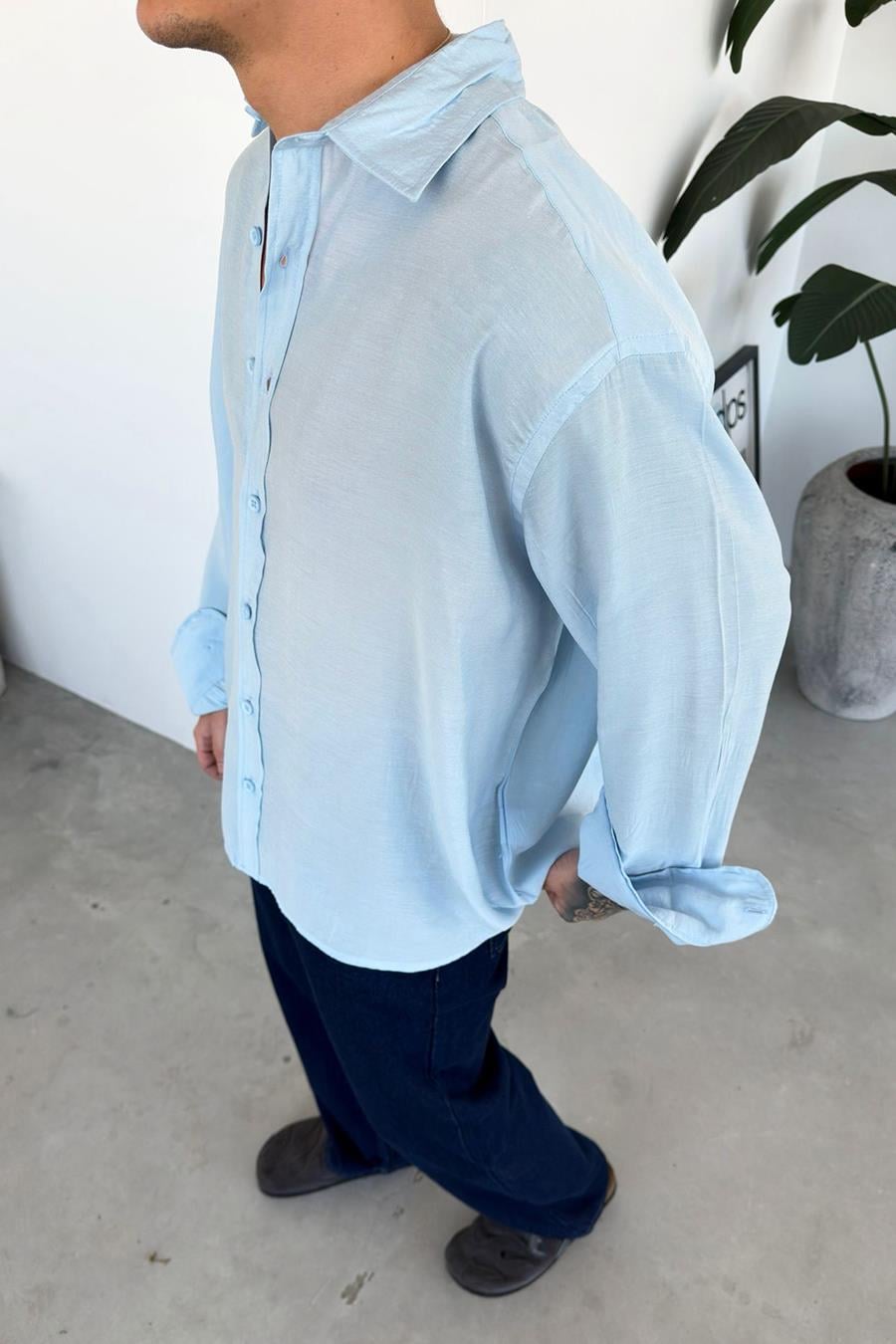 Açık Mavi Basic Oversize Modal Gömlek