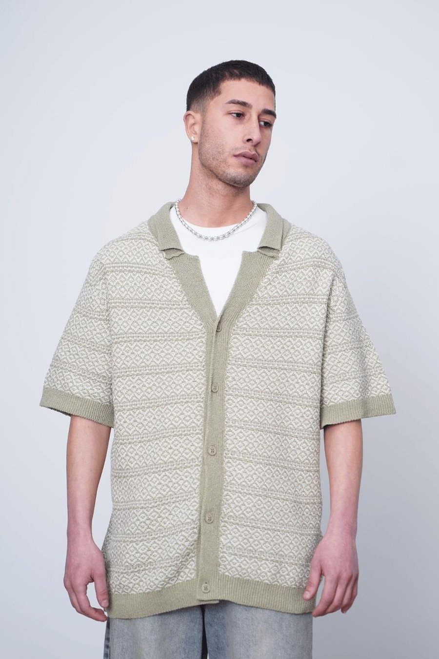 Açık Yeşil Etnik İnce Örme Triko CH Oversize Hırka