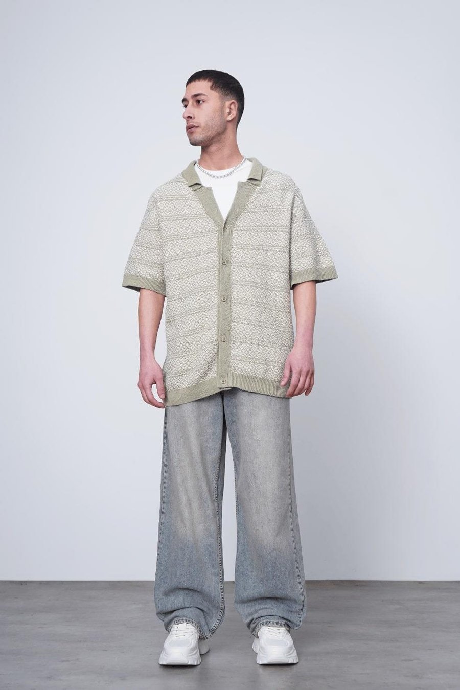 Açık Yeşil Etnik İnce Örme Triko CH Oversize Hırka
