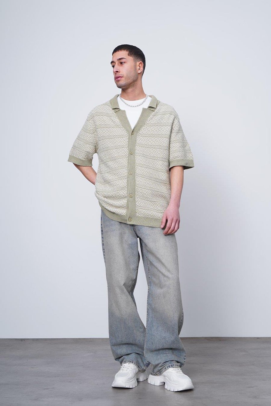 Açık Yeşil Etnik İnce Örme Triko CH Oversize Hırka