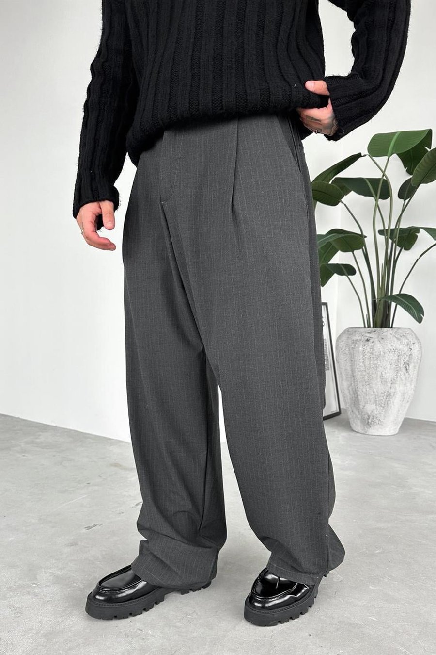 Antrasit Çizgili Beli Lastikli Premium Kumaş Pantolon