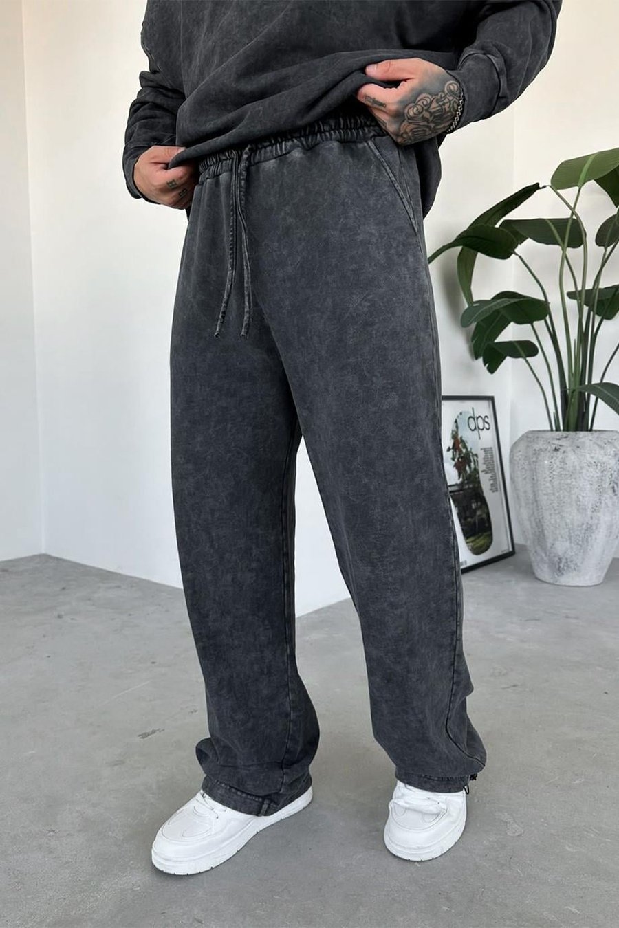 Antrasit Paça Stoperli Yıkamalı Baggy Eşofman