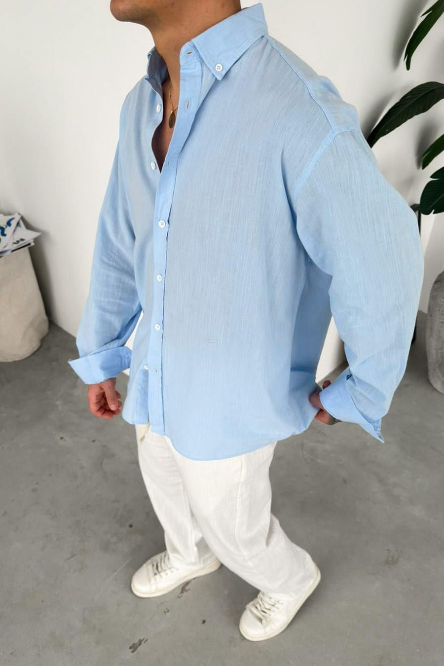 Bebe Mavi Oversize Fresh Keten Gömlek