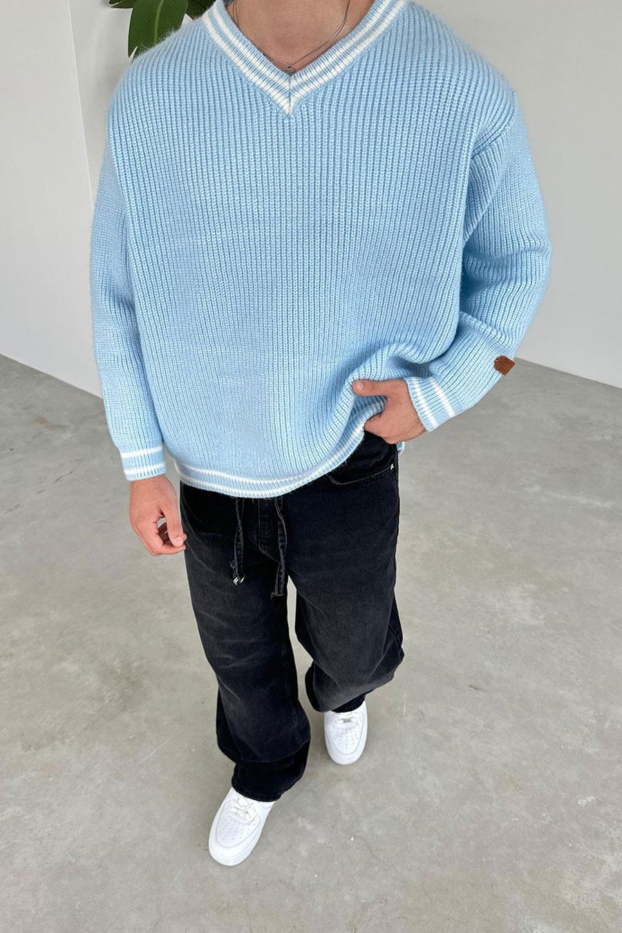 Bebe Mavi V Yaka Triko Oversize Kazak