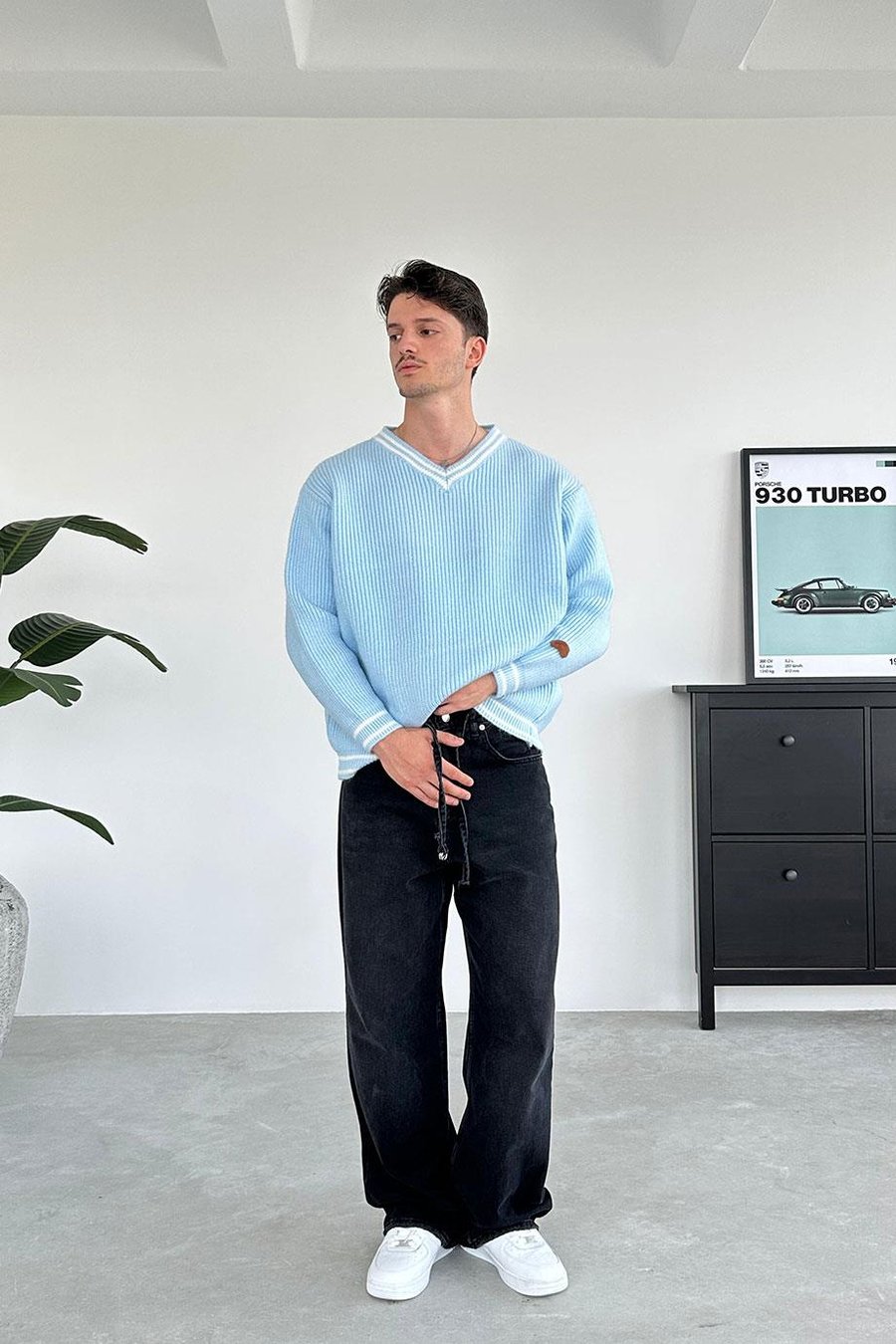 Bebe Mavi V Yaka Triko Oversize Kazak