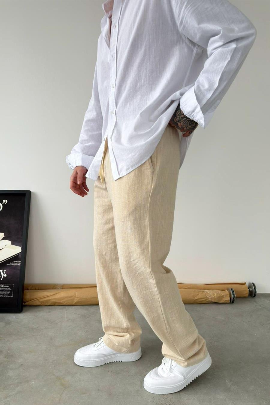 Bej Baggy Keten Pantolon
