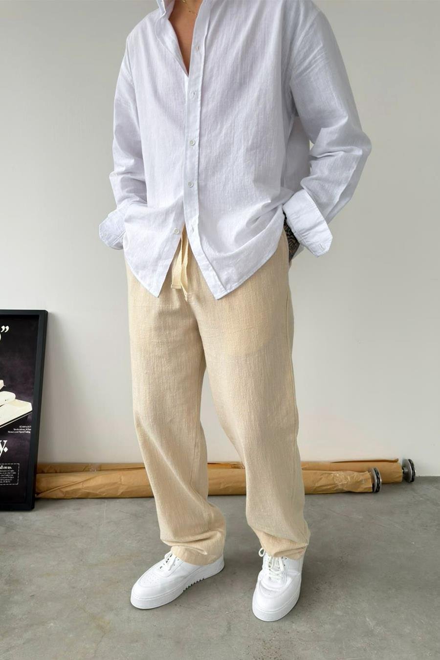 Bej Baggy Keten Pantolon
