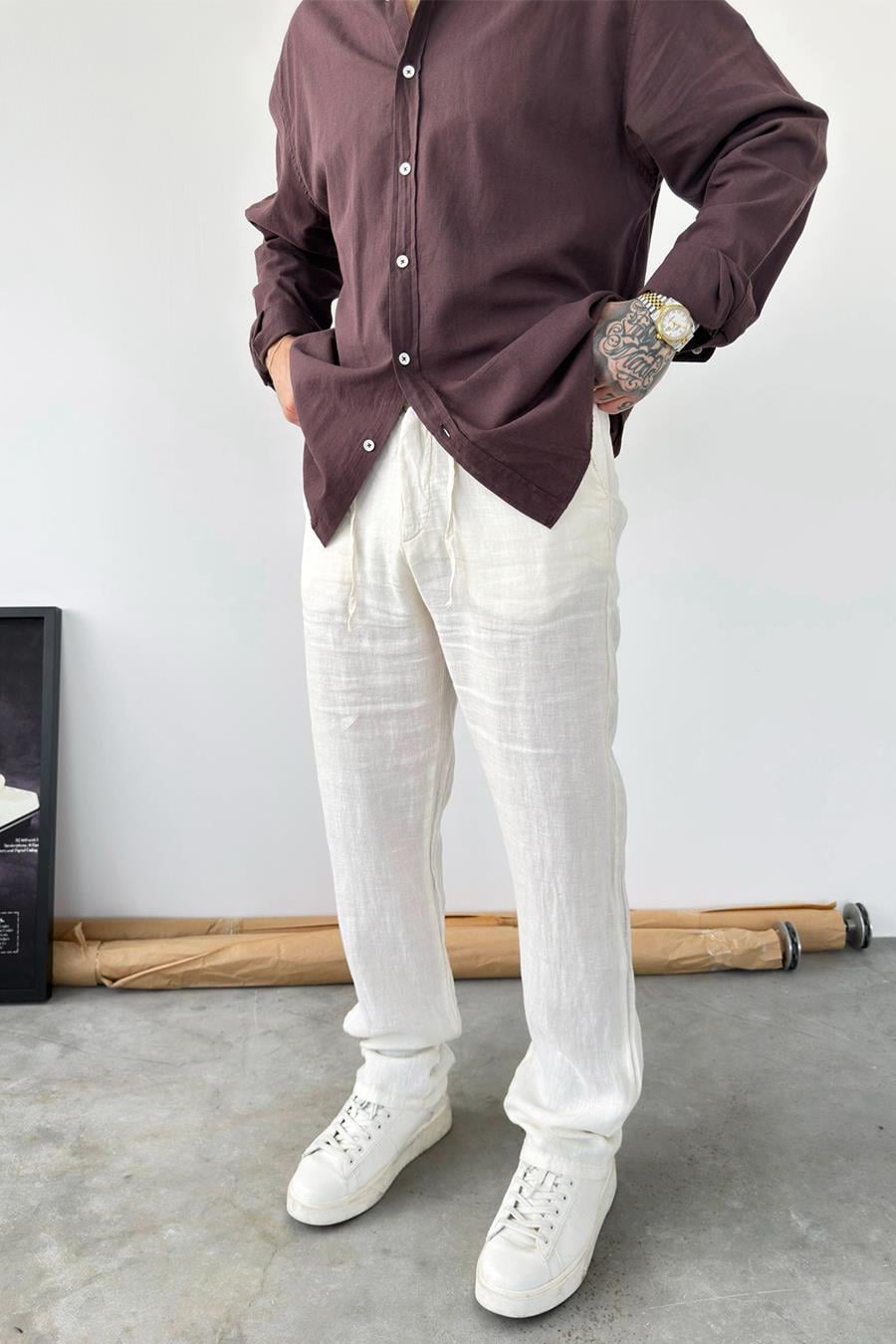 Bej Basic Baggy Keten Pantolon