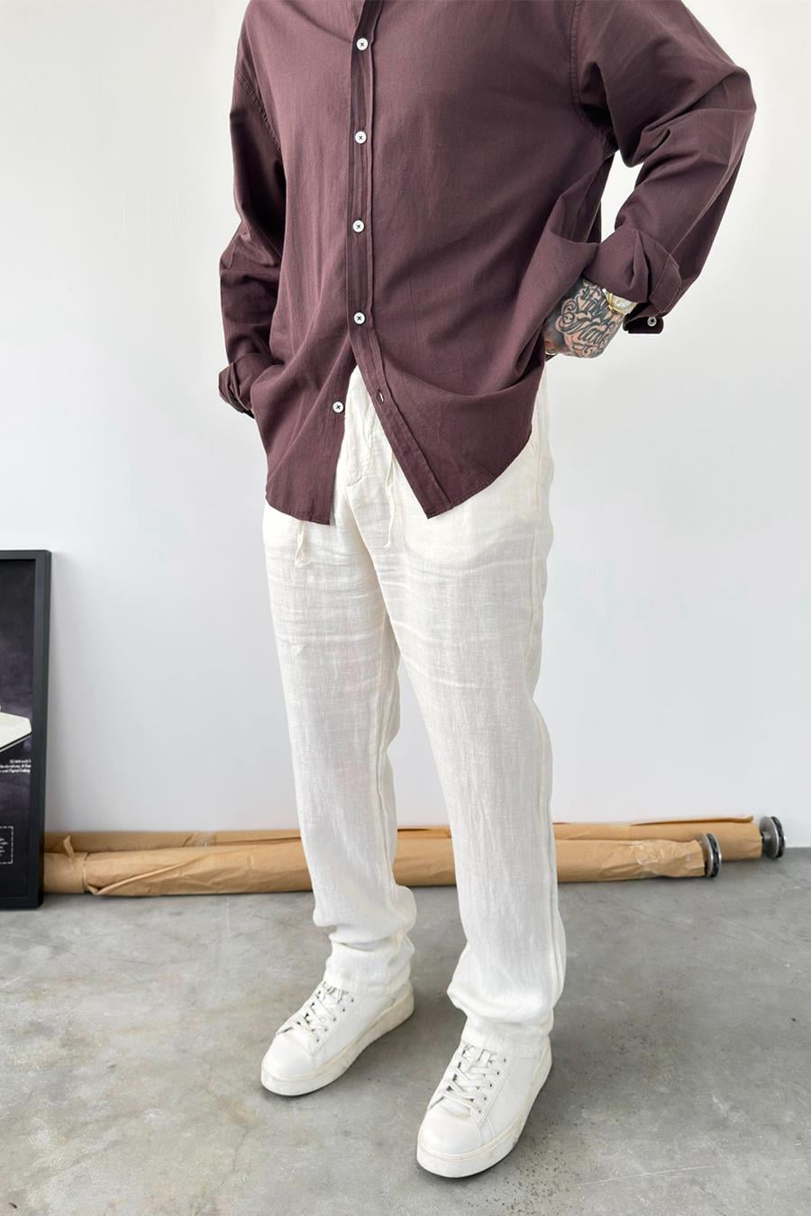 Bej Basic Baggy Keten Pantolon