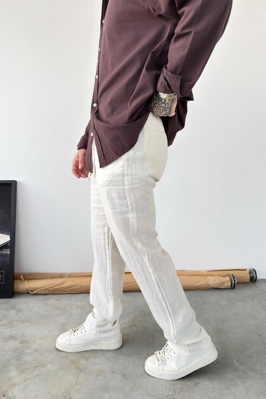 Bej Basic Baggy Keten Pantolon