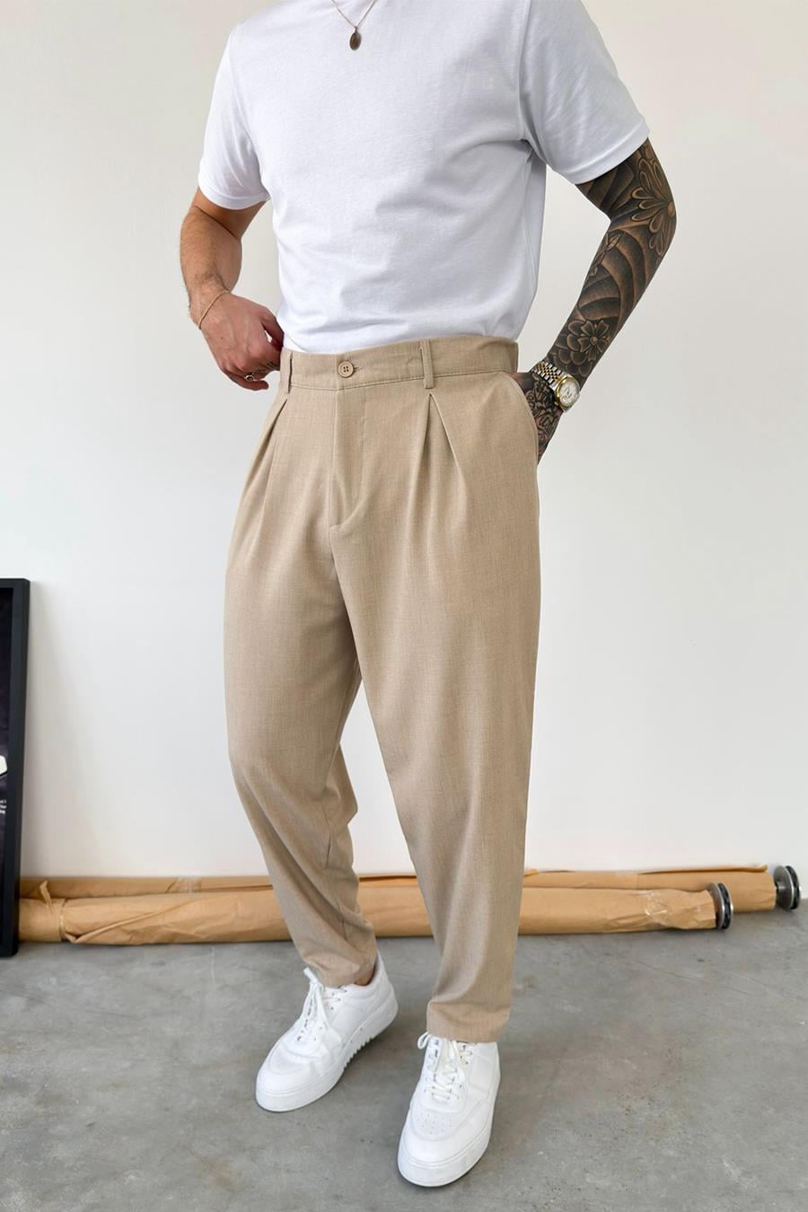 Bej Basic Boyfriend Kumaş Pantolon
