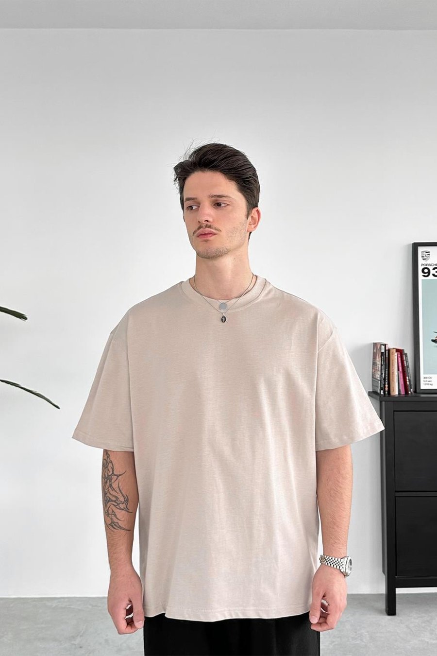 Bej Bisiklet Yaka Premium Basic Tişört
