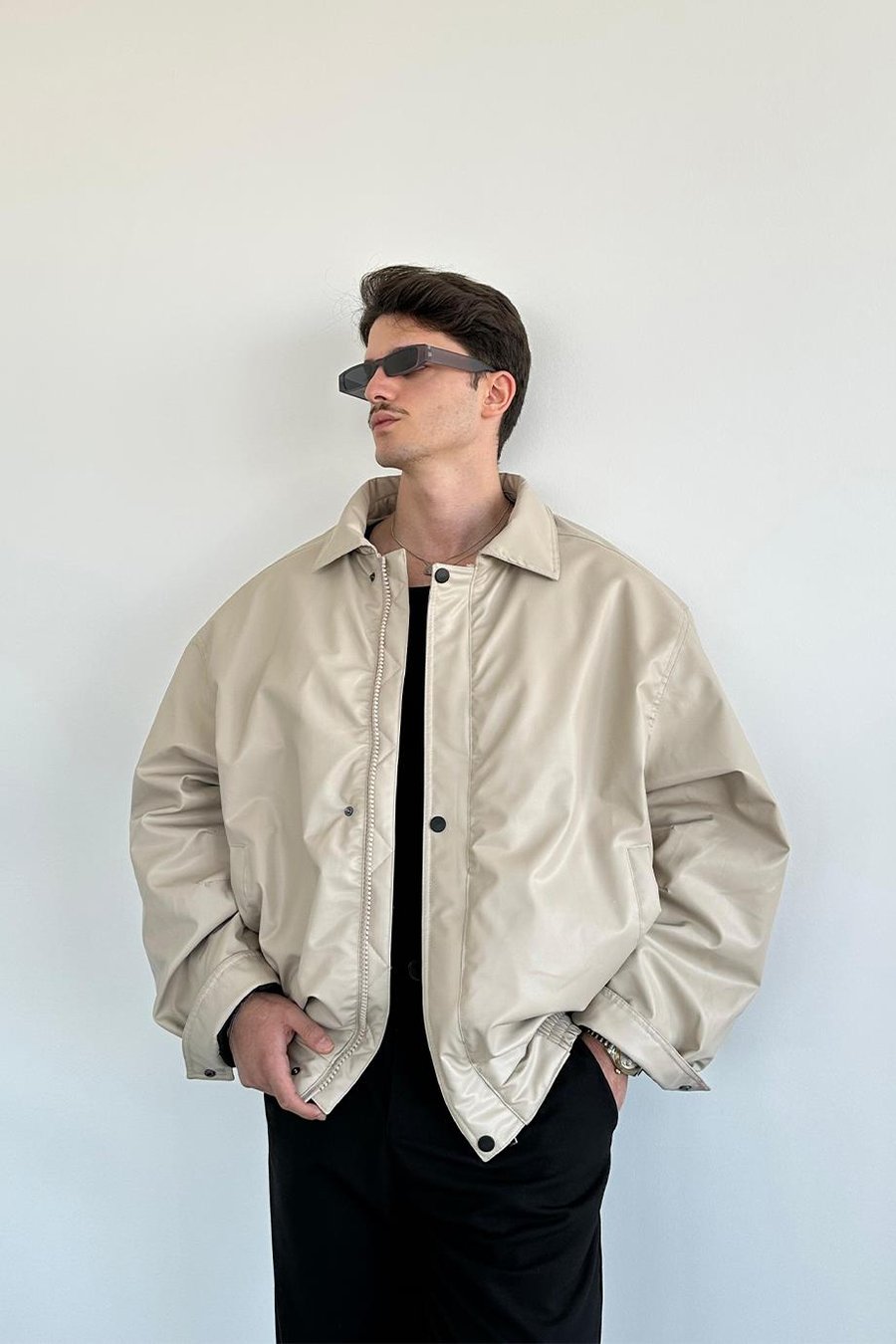 Bej Bomber Oversize Deri Ceket