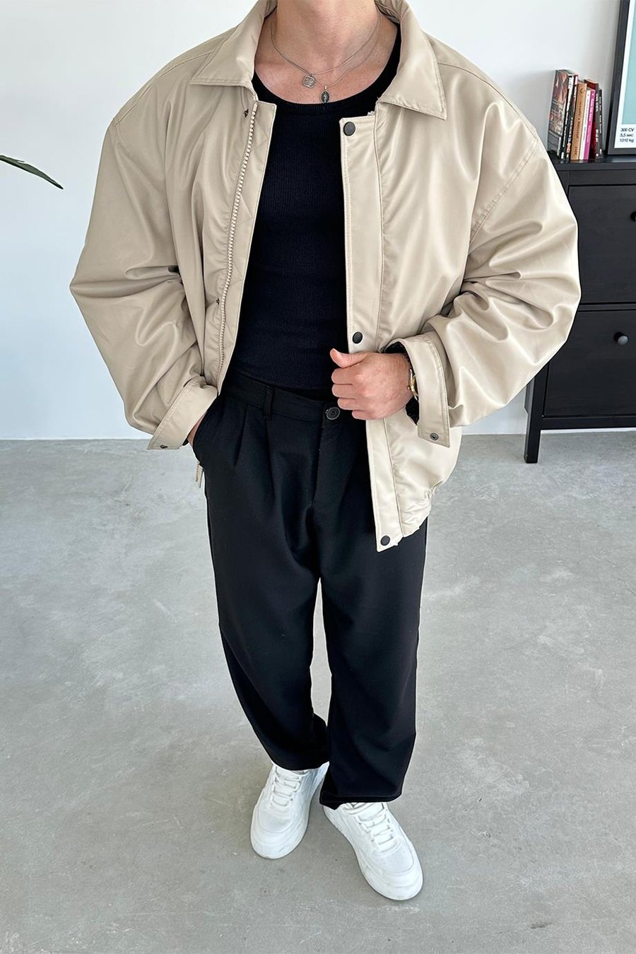 Bej Bomber Oversize Deri Ceket