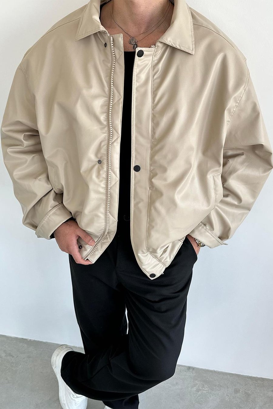 Bej Bomber Oversize Deri Ceket