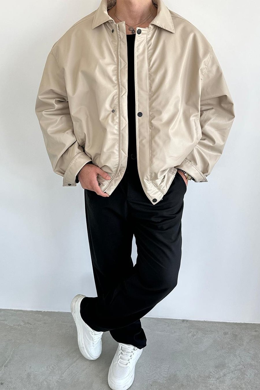 Bej Bomber Oversize Deri Ceket