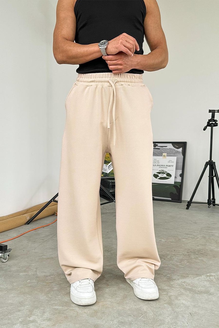 Bej Dokulu Basic Baggy Pantolon