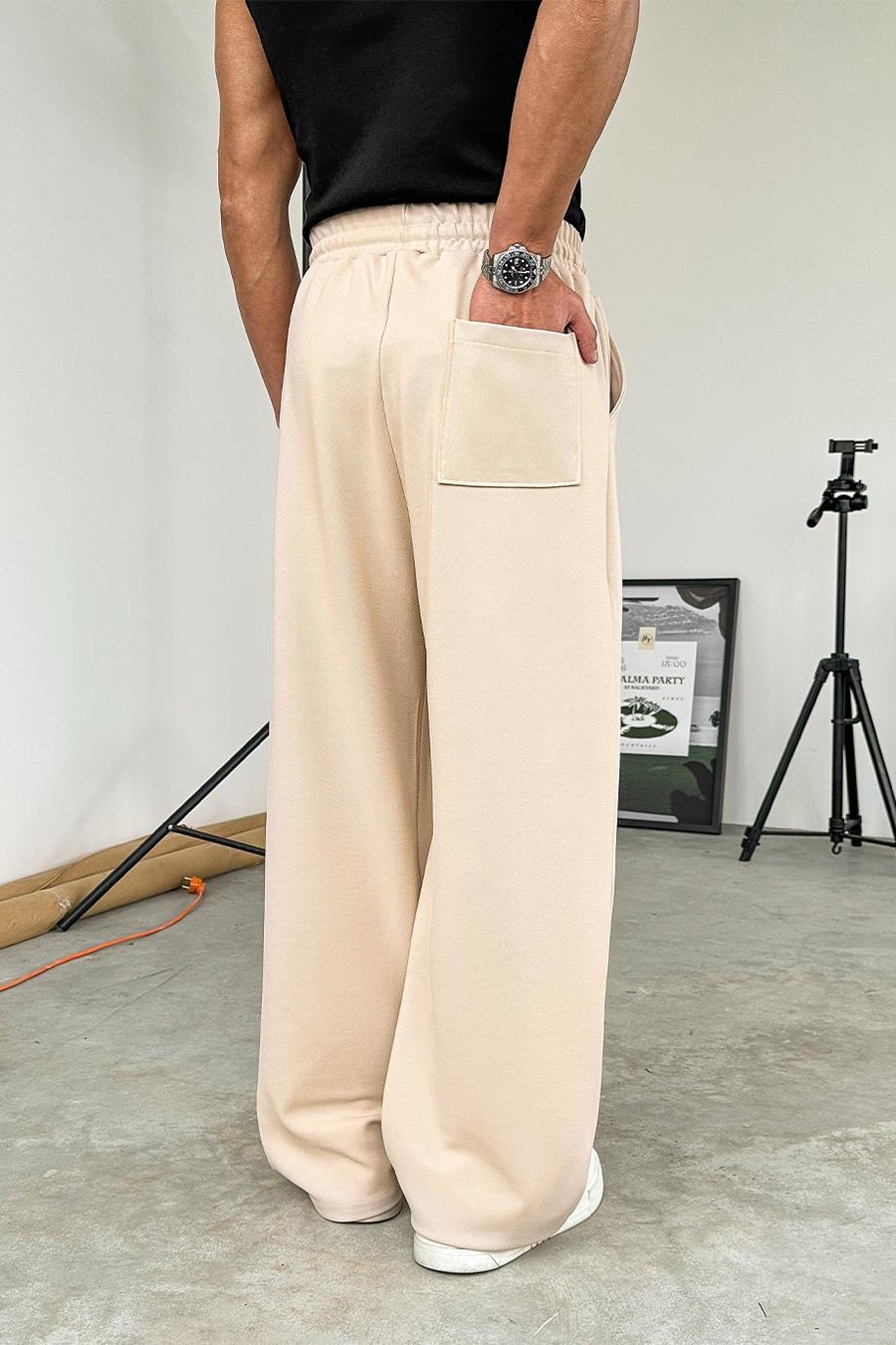 Bej Dokulu Basic Baggy Pantolon