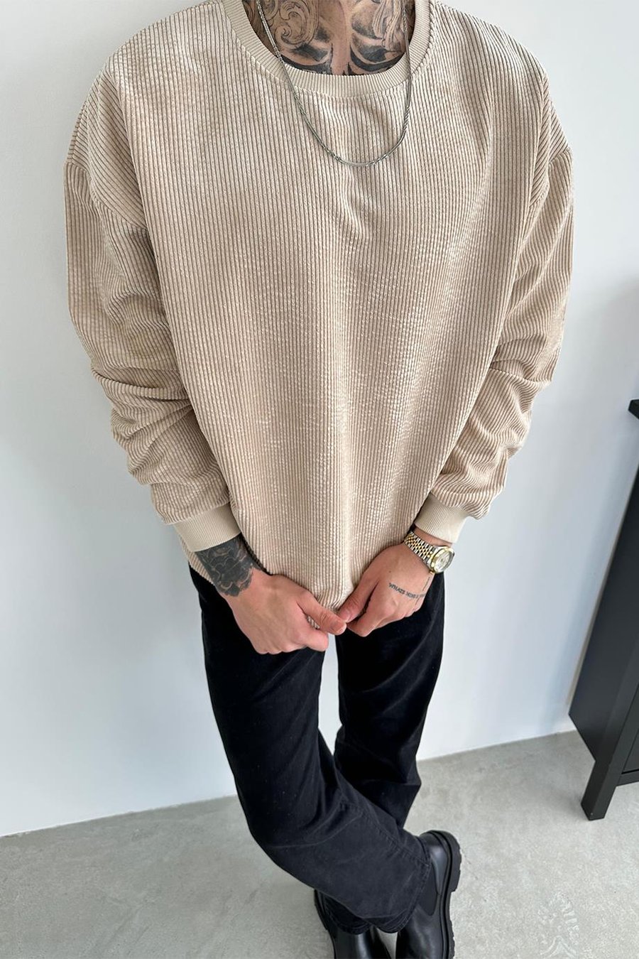 Bej Fitilli Kadife Basic Sweat