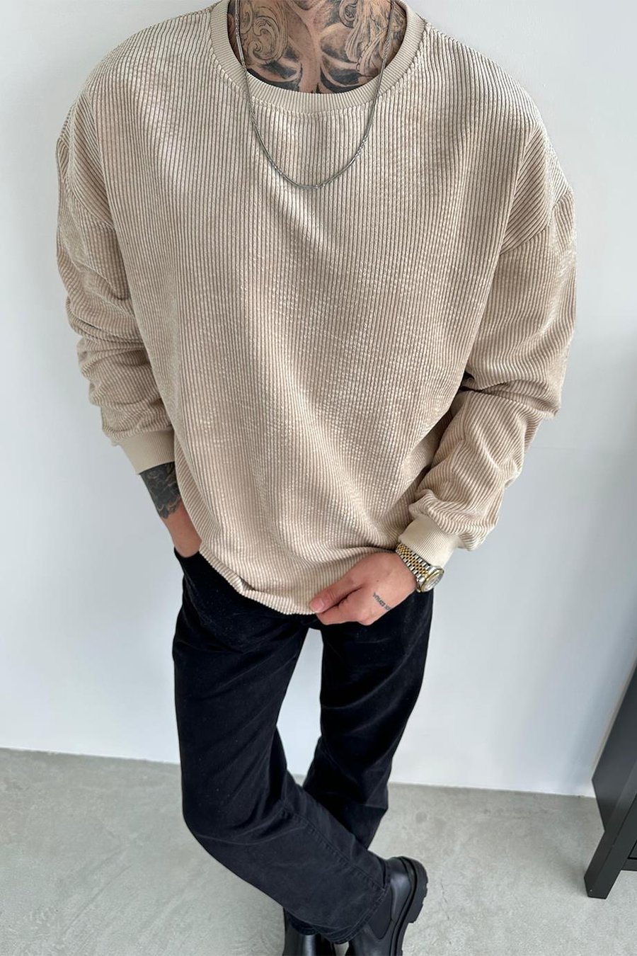 Bej Fitilli Kadife Basic Sweat