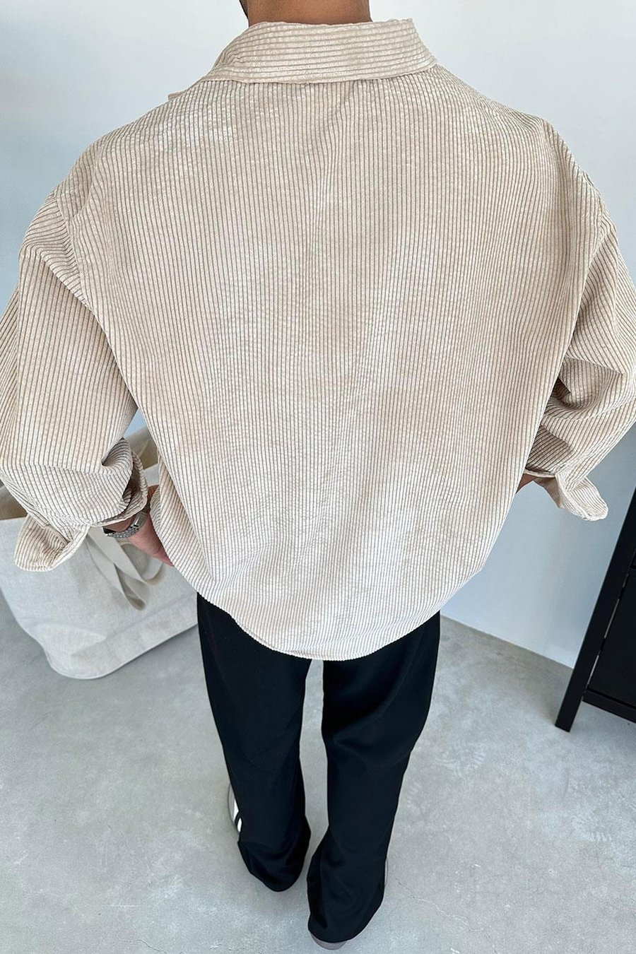 Bej Fitilli Kadife Oversize Gömlek