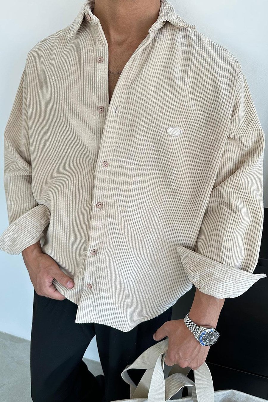 Bej Fitilli Kadife Oversize Gömlek