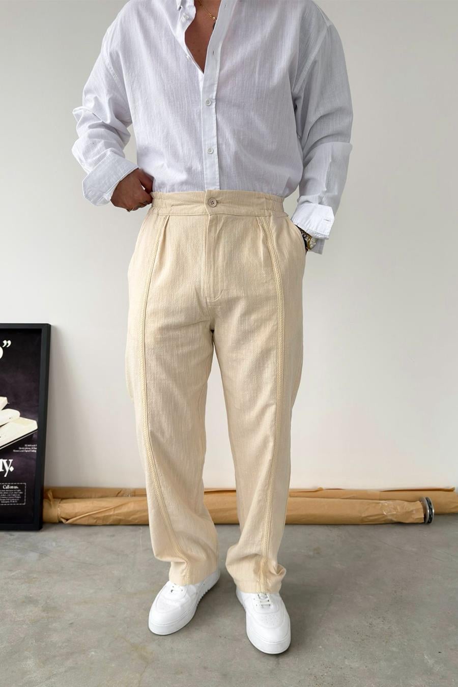 Bej Hasır Detay Baggy Keten Pantolon
