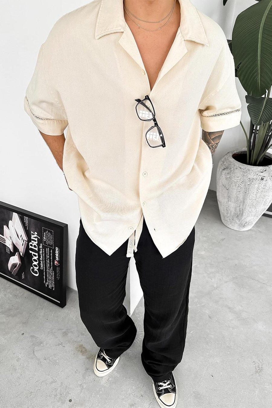 Bej Hasır Şerit Detay Premium Oversize Gömlek