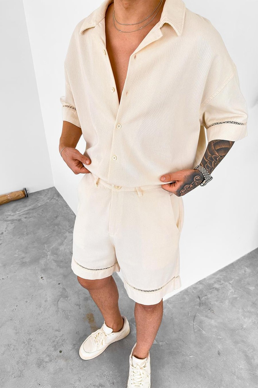 Bej Hasır Şerit Detay Premium Oversize Gömlek