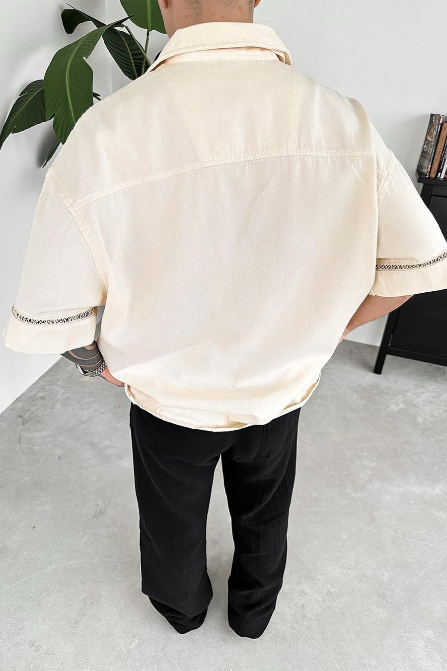 Bej Hasır Şerit Detay Premium Oversize Gömlek