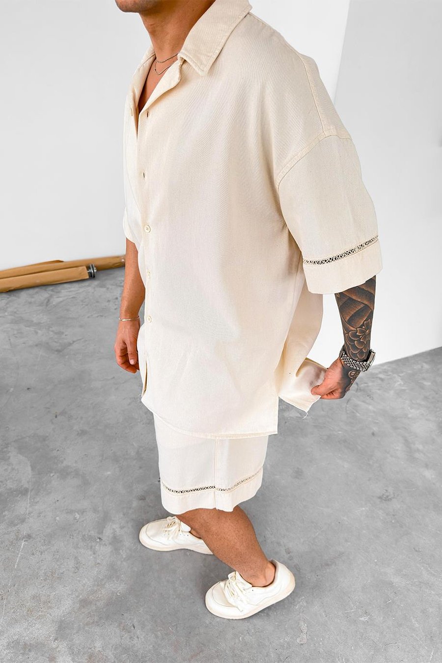 Bej Hasır Şerit Detay Premium Oversize Gömlek