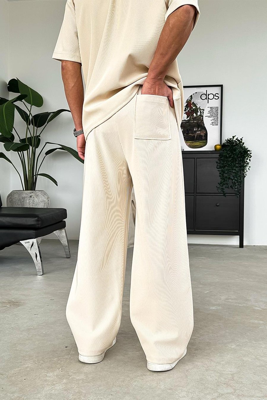 Bej İnce Fitilli Baggy Pantolon