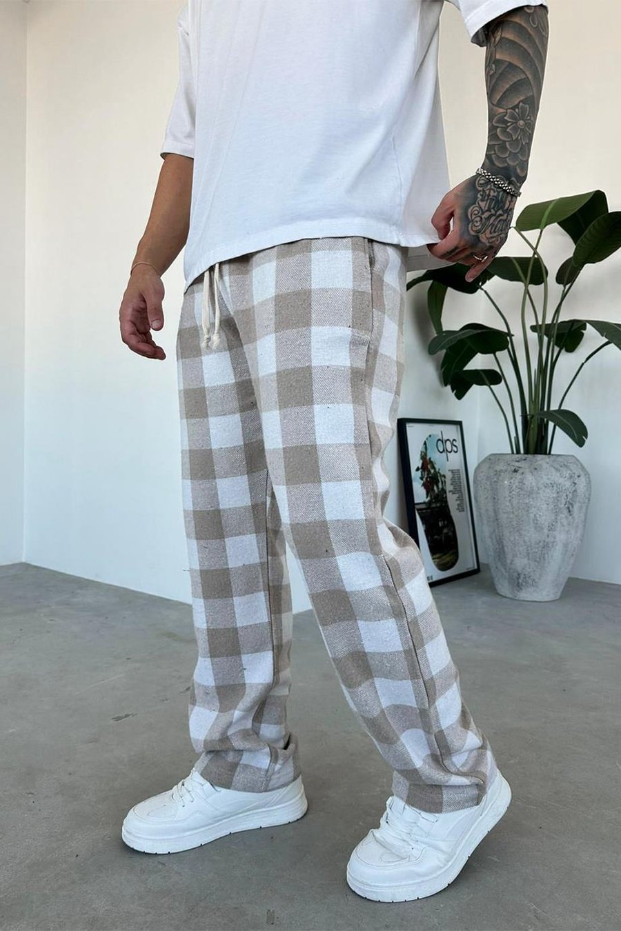 Bej Kareli Unisex Relaxed Pijama