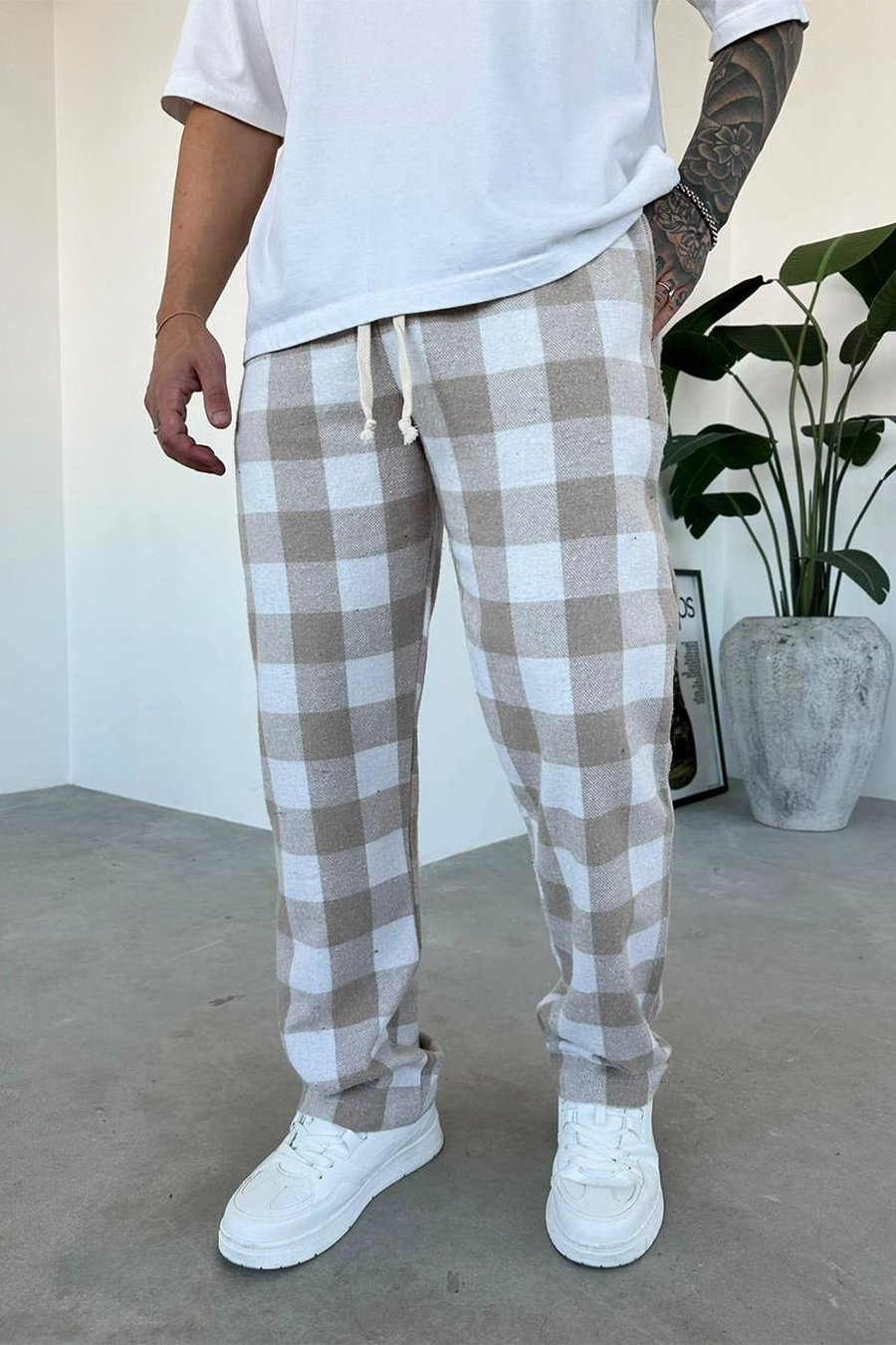 Bej Kareli Unisex Relaxed Pijama