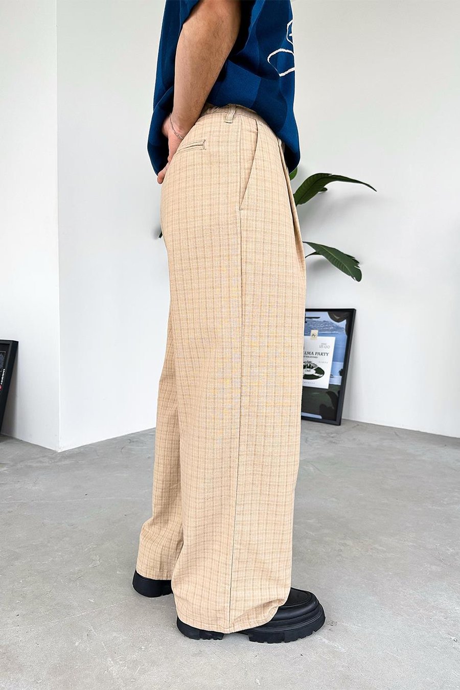 Bej Old Money Pileli Ekose Baggy Pantolon