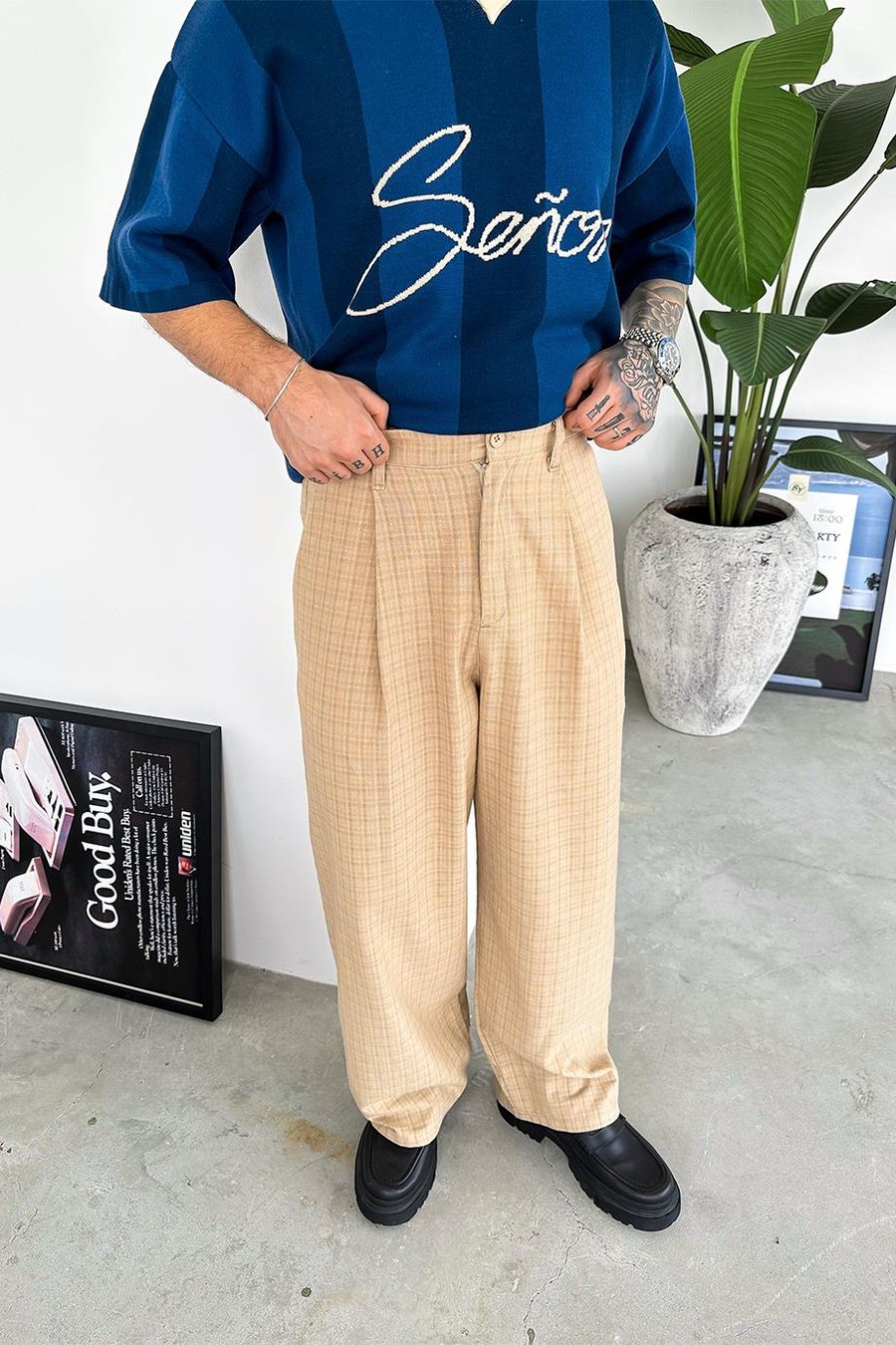 Bej Old Money Pileli Ekose Baggy Pantolon