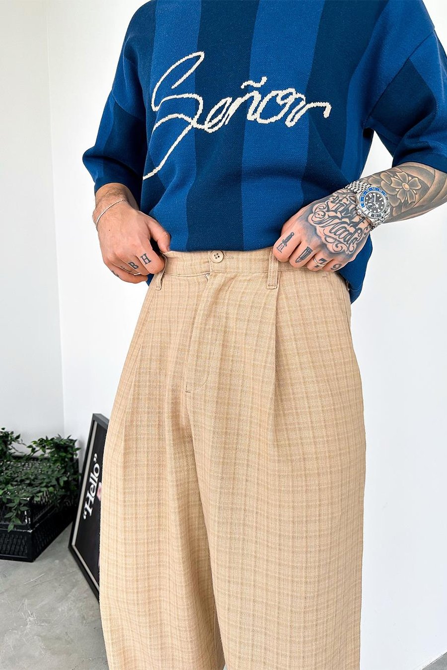Bej Old Money Pileli Ekose Baggy Pantolon